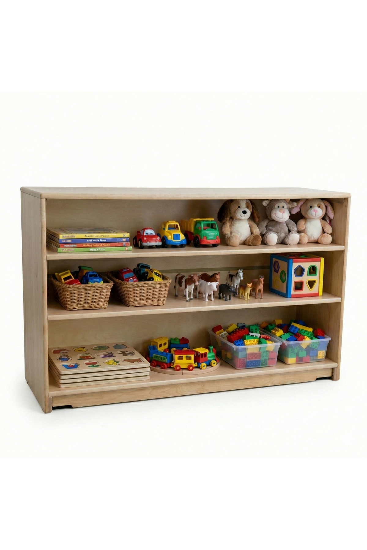 A light wood Montessori toy and book organizer shelf features three spacious levels filled with colorful toys, books, and baskets. Its smooth finish and rounded edges create a child-friendly design.