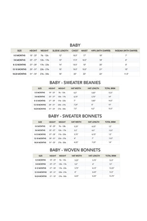 A chart displays sizing information for baby clothing, including measurements for sweaters, beanies, and bonnets. The layout includes columns for age range, height, weight, and specific dimensions.