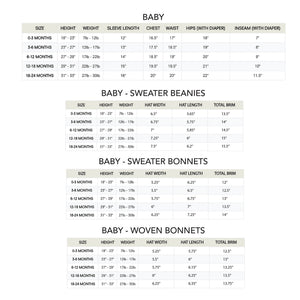 A detailed size chart for baby clothing, including measurements for height, weight, sleeve length, chest, waist, hips, and inseam for various age ranges from 0-24 months.
