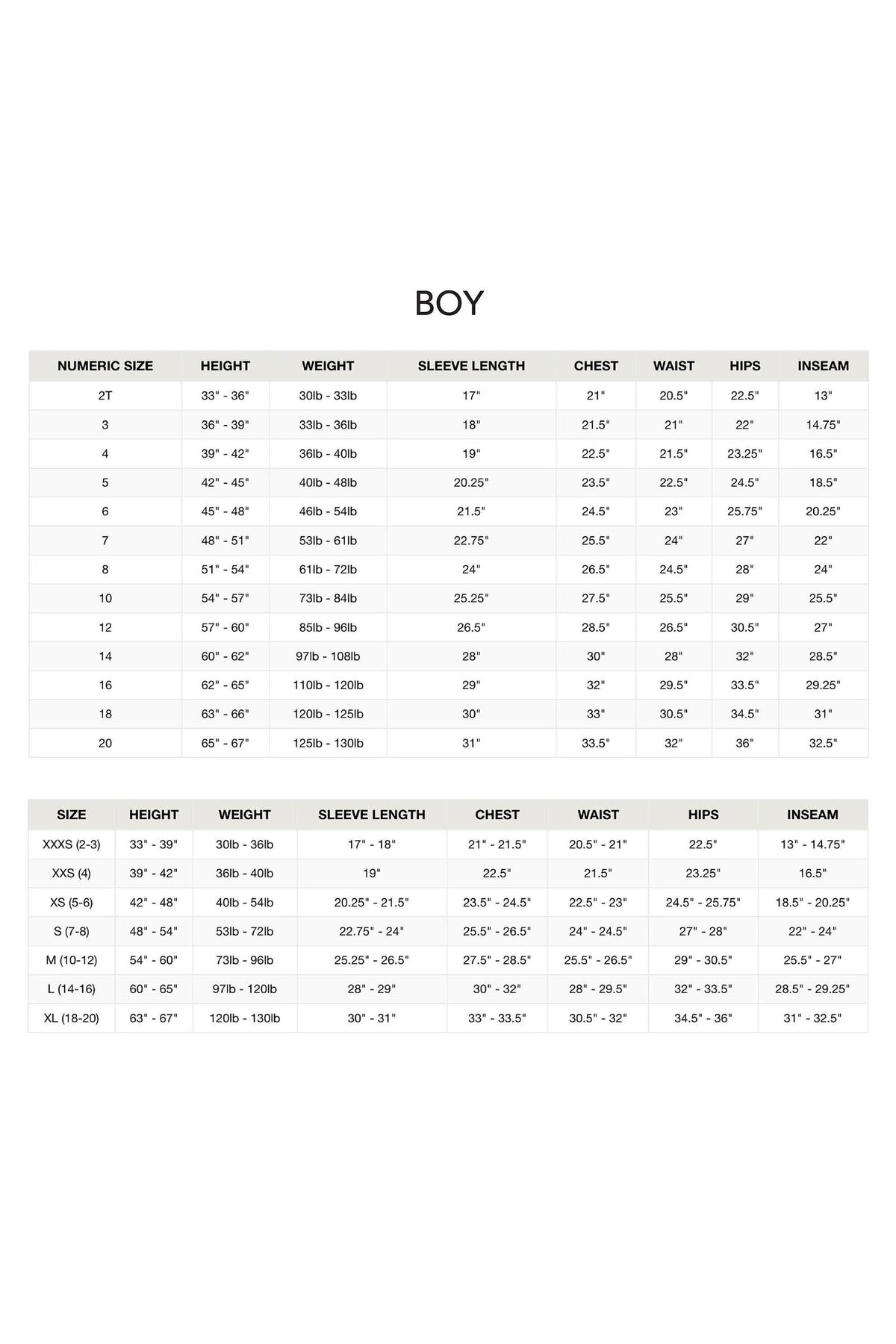 Size chart for boys featuring measurements for numeric sizes 2T to XL, including height, weight, sleeve length, chest, waist, hips, and inseam for accurate fitting of clothing.