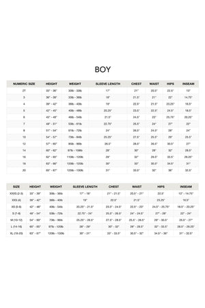 Size chart for boys featuring measurements for numeric sizes 2T to XL, including height, weight, sleeve length, chest, waist, hips, and inseam for accurate fitting of clothing.