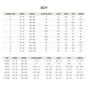 A size chart for boys, detailing numeric sizes, height, weight, sleeve length, chest, waist, hips, and inseam measurements. The chart is clearly organized for easy reference.