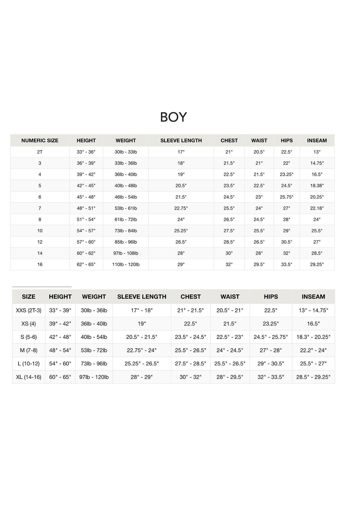 Size chart for boys clothing, featuring numeric sizes XXS to XL. The chart includes measurements for height, weight, sleeve length, chest, waist, hips, and inseam for accurate fitting.