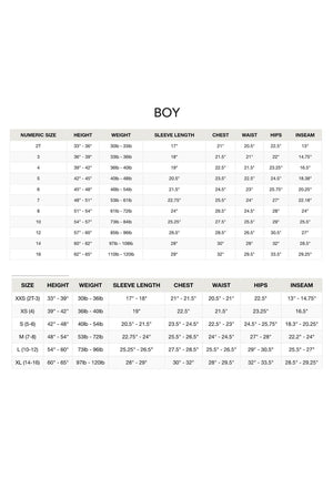 A size chart for boys clothing, outlining numeric sizes, height, weight, sleeve length, chest, waist, hips, and inseam measurements. The chart is clear and organized for easy reference.