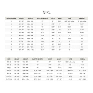 Size chart for girls displaying numeric sizes, height, weight, sleeve length, chest, waist, hips, and inseam measurements. Organized in a clear table format for easy reference.