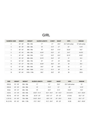 Size chart for girls, detailing numeric sizes, height, weight, sleeve length, chest, waist, hips, and inseam measurements. The chart is clearly organized for easy reference.