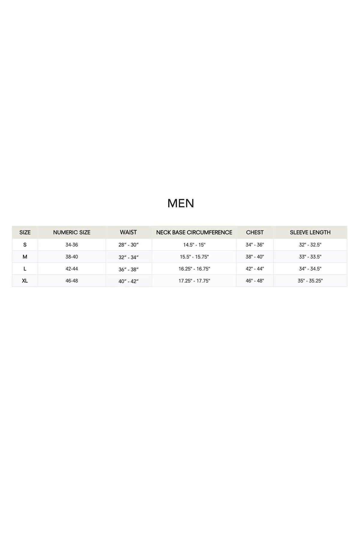 A size chart for mens clothing displays various measurements, including waist, neck circumference, chest, and sleeve length, organized by sizes S, M, L, and XL for easy reference.