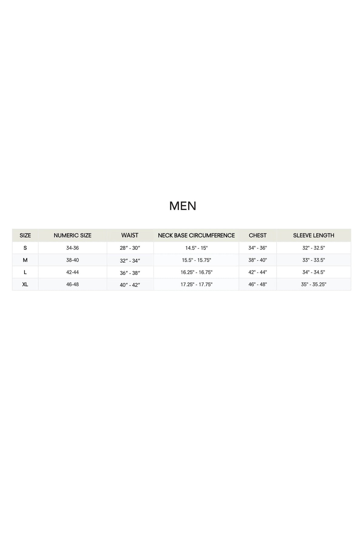 A size chart for mens clothing displaying numeric sizes, waist measurements, neck circumference, chest dimensions, and sleeve lengths. The chart is clearly organized for easy reference.