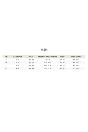 A size chart for mens clothing displaying numeric sizes, waist measurements, neck circumference, chest dimensions, and sleeve lengths. The chart is clearly organized for easy reference.