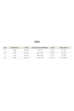 Size chart for mens clothing, displaying measurements for waist, neck circumference, chest, and sleeve length. The chart includes sizes S, M, L, and XL with corresponding numeric sizes.