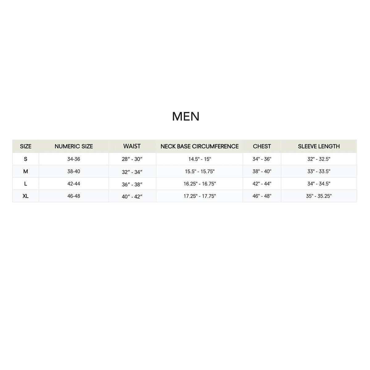 Size chart for mens clothing, displaying measurements for waist, neck circumference, chest, and sleeve length across various sizes from S to XL, ensuring a clear guide for fit.