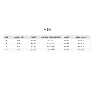 Size chart for mens clothing, displaying measurements for waist, neck circumference, chest, and sleeve length across various sizes from S to XL, ensuring a clear guide for fit.