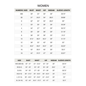 A size chart for womens clothing displaying various measurements including bust, waist, hip, inseam, and sleeve length. The chart is organized clearly in two columns for easy reference.