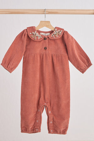 Baby Girl Rust Floral Embroidered Velveteen Romper with Peter Pan Collar | 100% Cotton