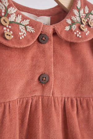 Baby Girl Rust Floral Embroidered Velveteen Romper with Peter Pan Collar | 100% Cotton