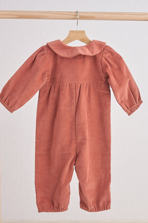 Baby Girl Rust Floral Embroidered Velveteen Romper with Peter Pan Collar | 100% Cotton