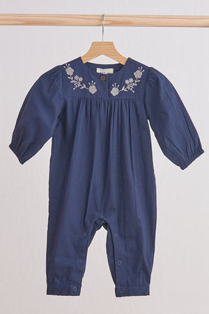 Baby Girl Navy Floral Embroidered Linen Romper | 100% Linen