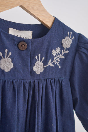 Baby Girl Navy Floral Embroidered Linen Romper | 100% Linen