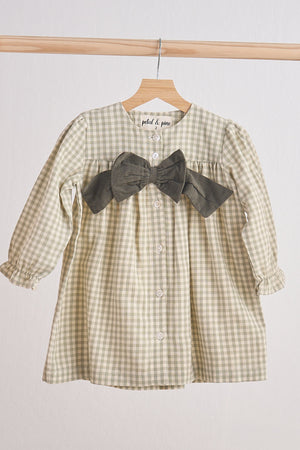 Baby & Toddler Girl Sage Brown Gingham Flannel Dress with a Charming Bow | 100% Cotton