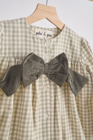 Baby & Toddler Girl Sage Brown Gingham Flannel Dress with a Charming Bow | 100% Cotton