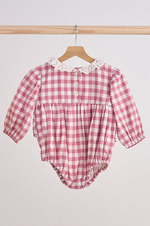 Baby Girl Pink Flannel Gingham Bubble with Lace Collard | 100% Cotton