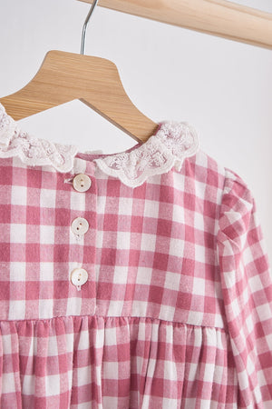 Baby Girl Pink Flannel Gingham Bubble with Lace Collard | 100% Cotton