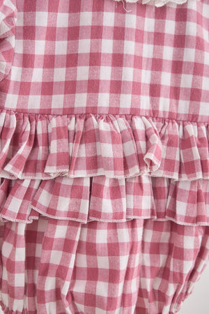 Baby Girl Pink Flannel Gingham Bubble with Lace Collard | 100% Cotton