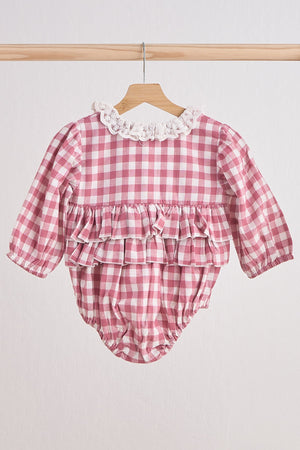 Baby Girl Pink Flannel Gingham Bubble with Lace Collard | 100% Cotton