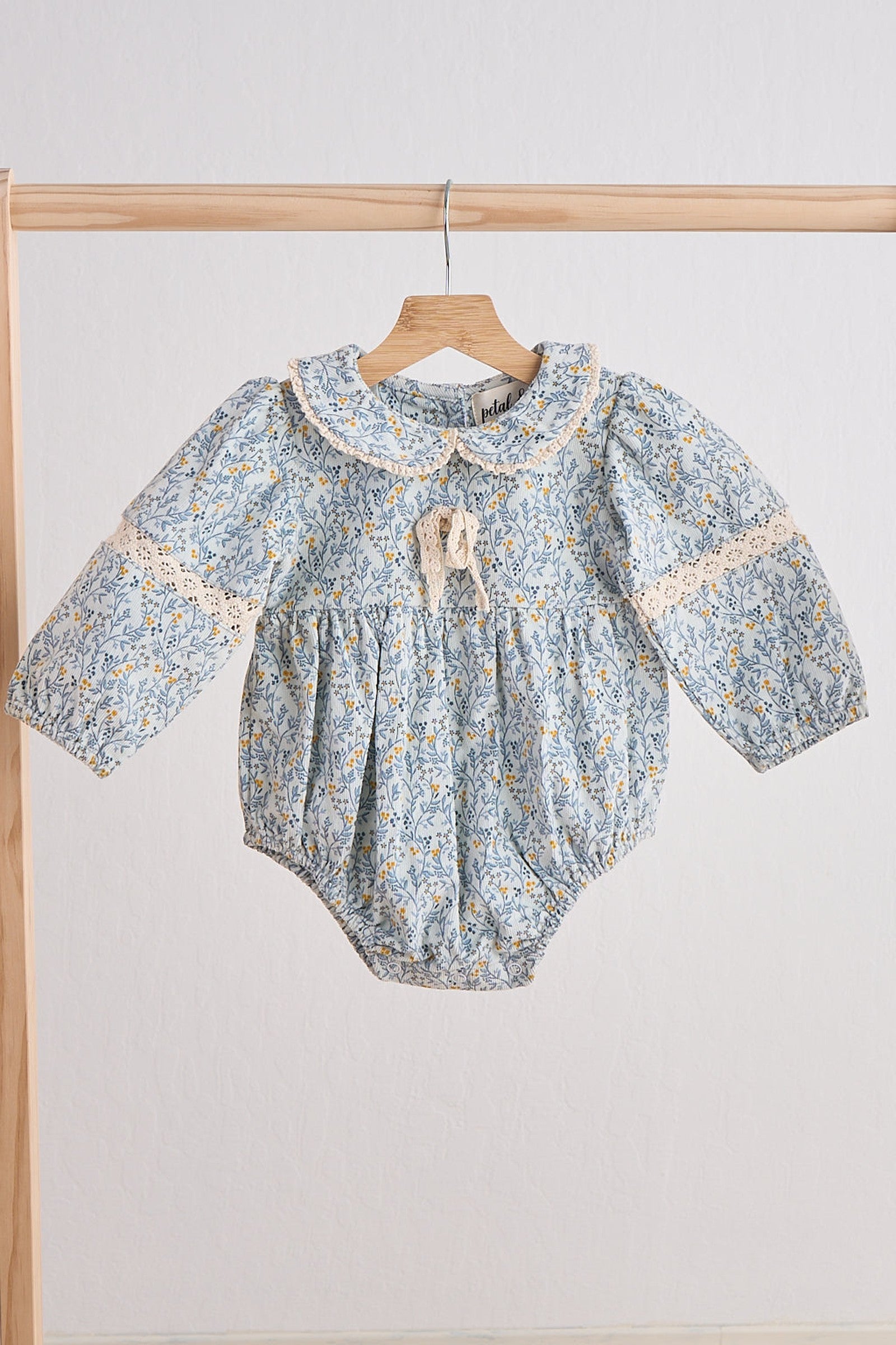 Baby Girl Blue Floral Corduroy Lace Bubble | 100% Cotton