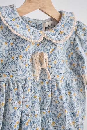 Baby Girl Blue Floral Corduroy Lace Bubble | 100% Cotton