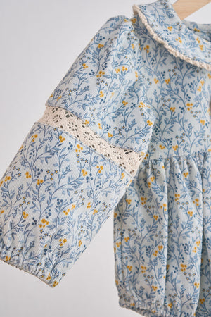 Baby Girl Blue Floral Corduroy Lace Bubble | 100% Cotton