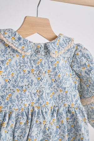 Baby Girl Blue Floral Corduroy Lace Bubble | 100% Cotton