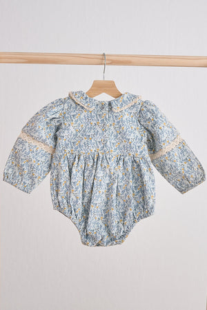 Baby Girl Blue Floral Corduroy Lace Bubble | 100% Cotton