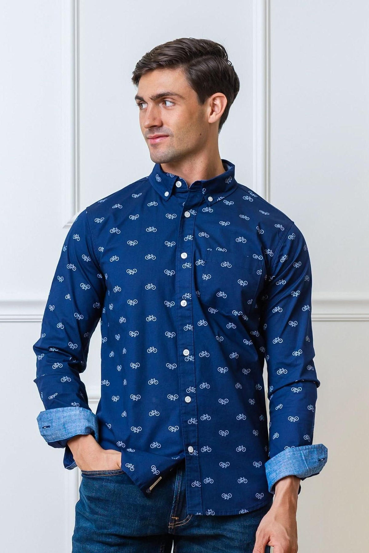 Organic Cotton Stretch Poplin Button Down Shirt, Navy