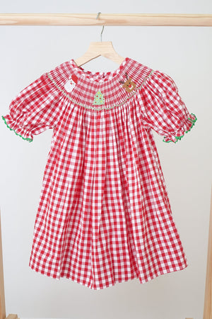 Girl's Red Christmas Hand Smocked Gingham Dress | 100% Cotton | Holiday