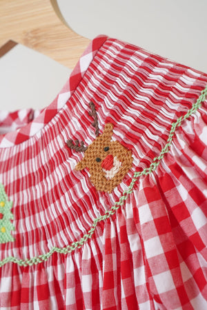 Girl's Red Christmas Hand Smocked Gingham Dress | 100% Cotton | Holiday