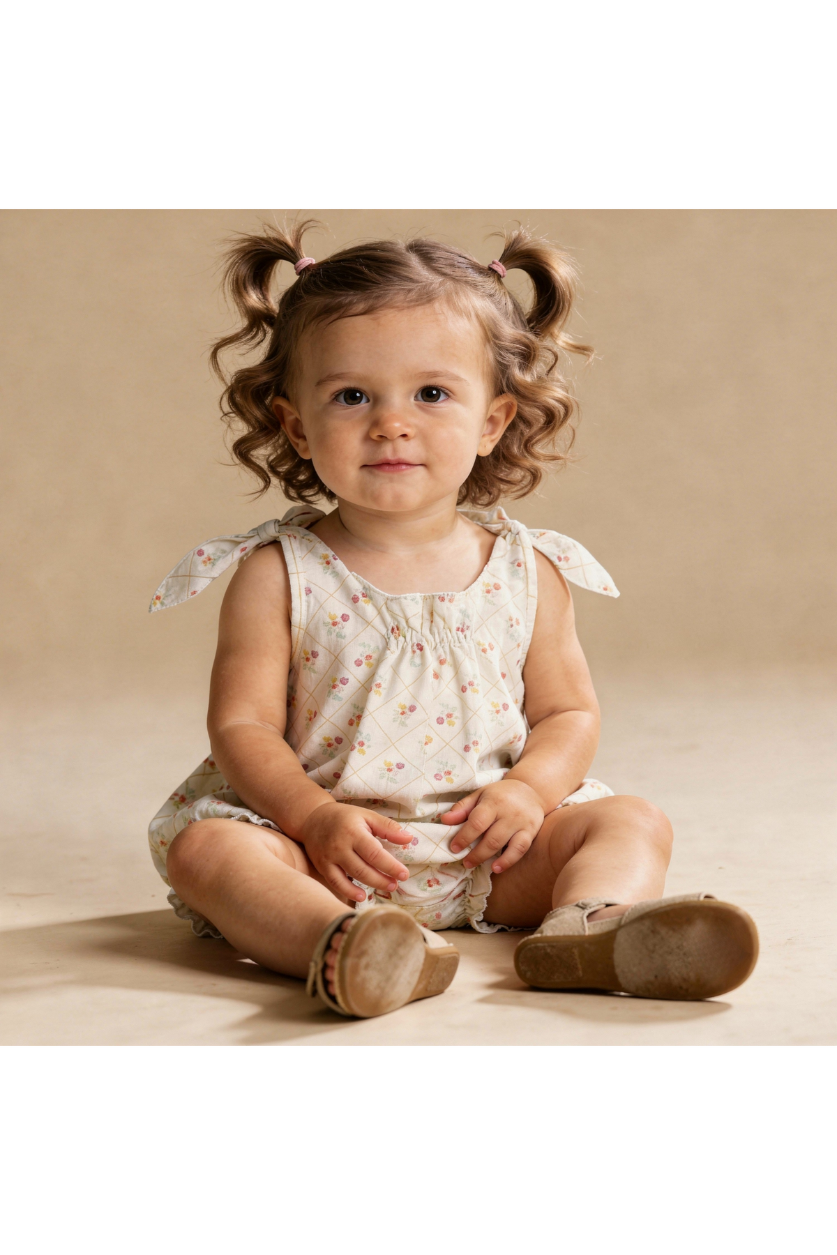 A smiling toddler sits on a neutral background, wearing an organic cotton bubble romper with a spring weave print and tie shoulder straps.