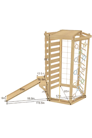 A wooden Montessori climbing gym features a slide, rope net, and various climbing elements. The natural wood finish enhances its eco-friendly design, suitable for childrens indoor play.
