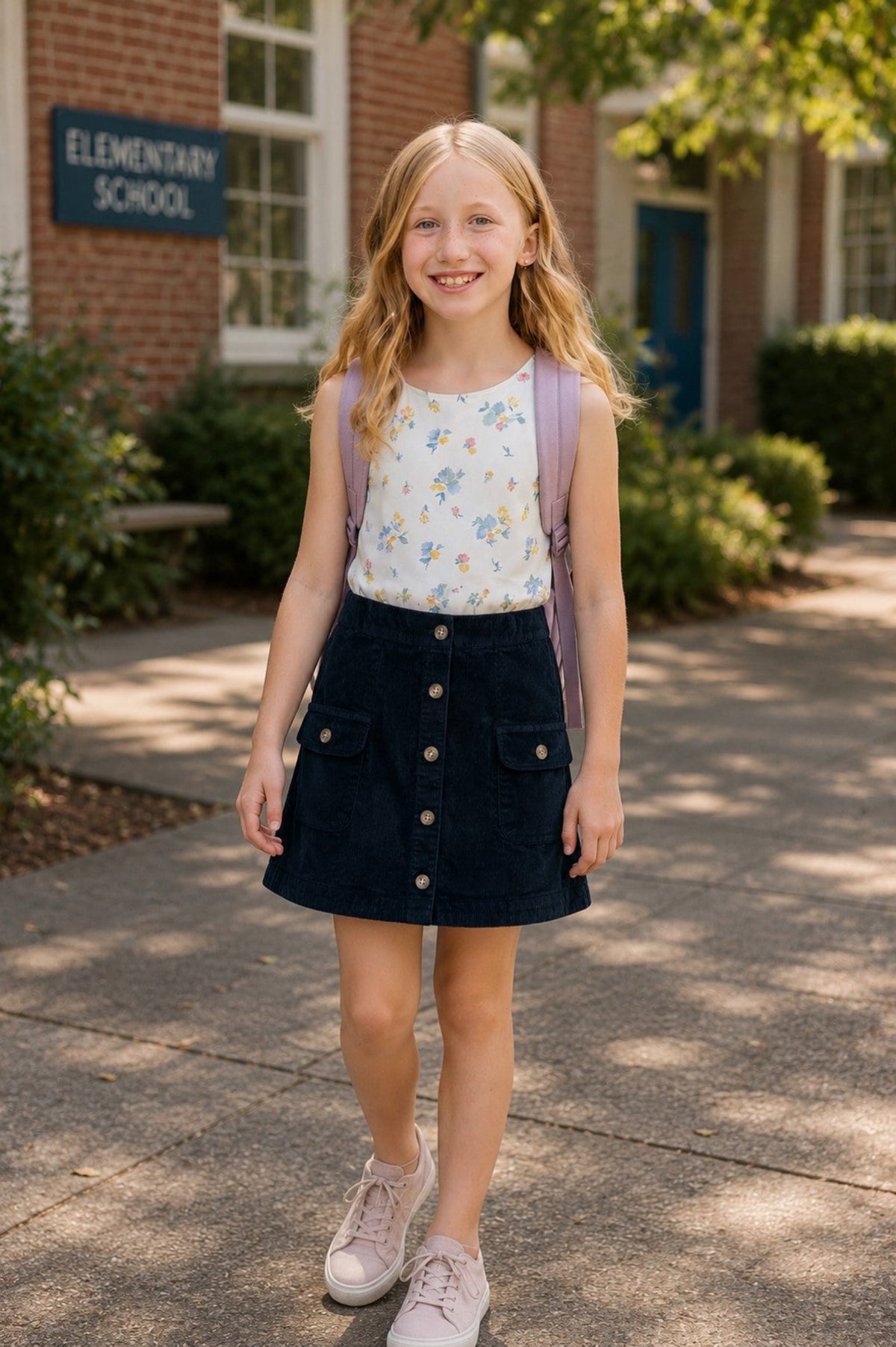 A smiling girl wears a floral tank top and a navy corduroy button-front skirt, complemented by a light backpack, standing outside an elementary school on a sunny day.