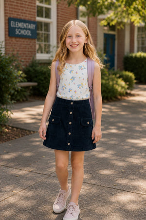 A smiling girl wears a floral tank top and a navy corduroy button-front skirt, complemented by a light backpack, standing outside an elementary school on a sunny day.