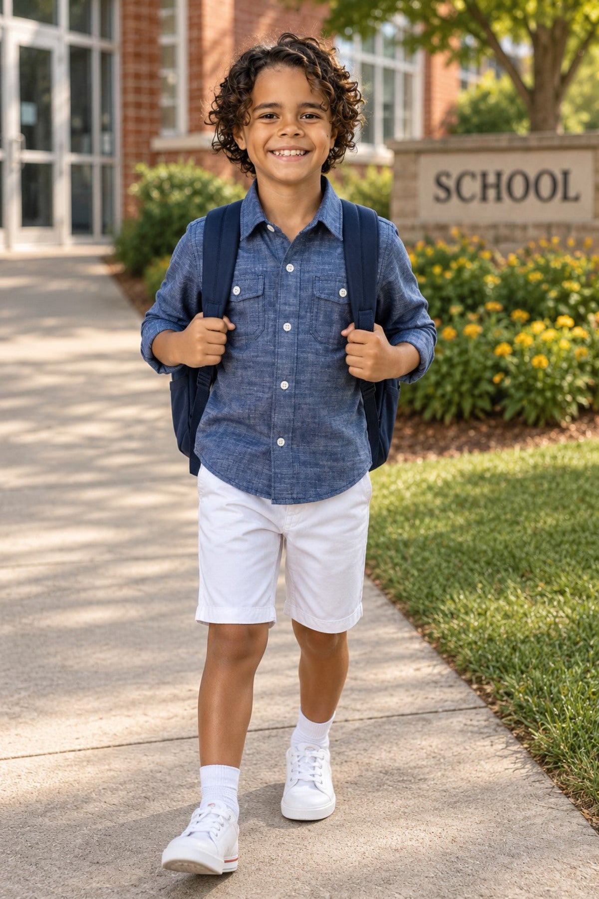 A smiling boy wears a blue chambray button-down shirt and white shorts, carrying a backpack as he walks along a school pathway surrounded by greenery and flowers.