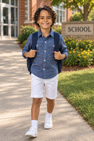 A smiling boy wears a blue chambray button-down shirt and white shorts, carrying a backpack as he walks along a school pathway surrounded by greenery and flowers.