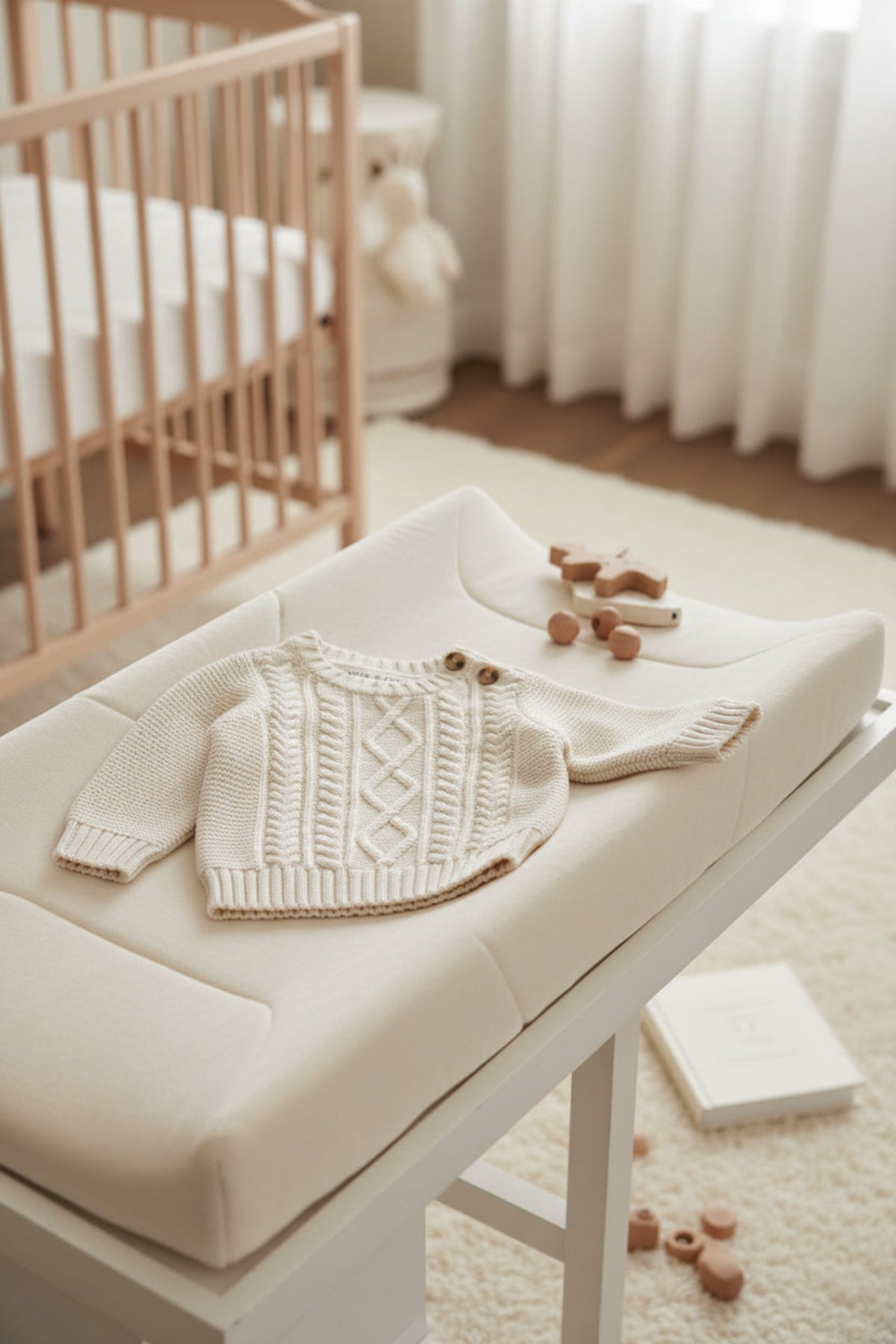 A cozy ivory cable knit sweater is displayed on a soft changing pad, surrounded by wooden toys.