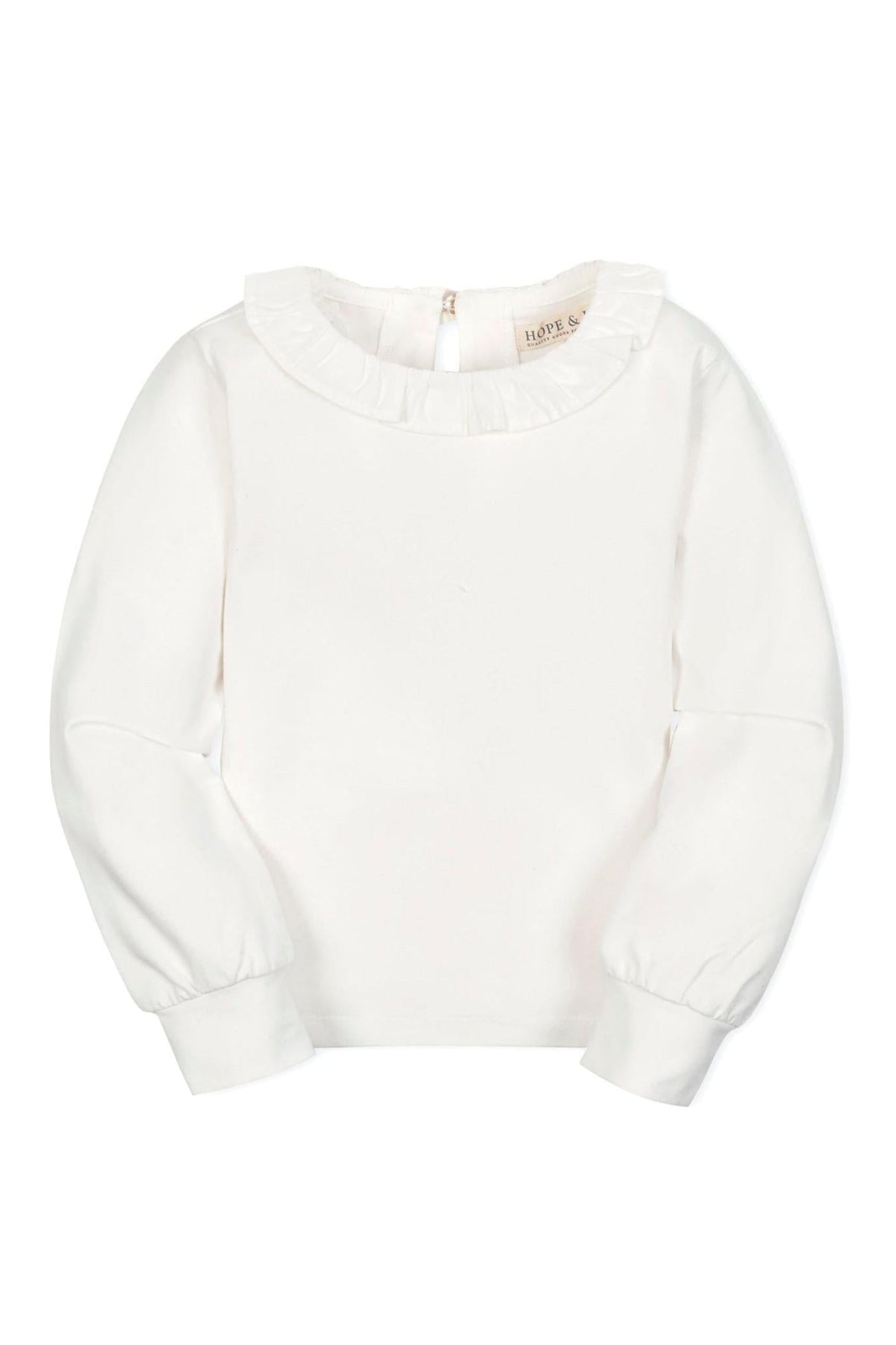 White long-sleeve knit top featuring a ruffle collar and keyhole back closure, made from soft organic cotton for girls.