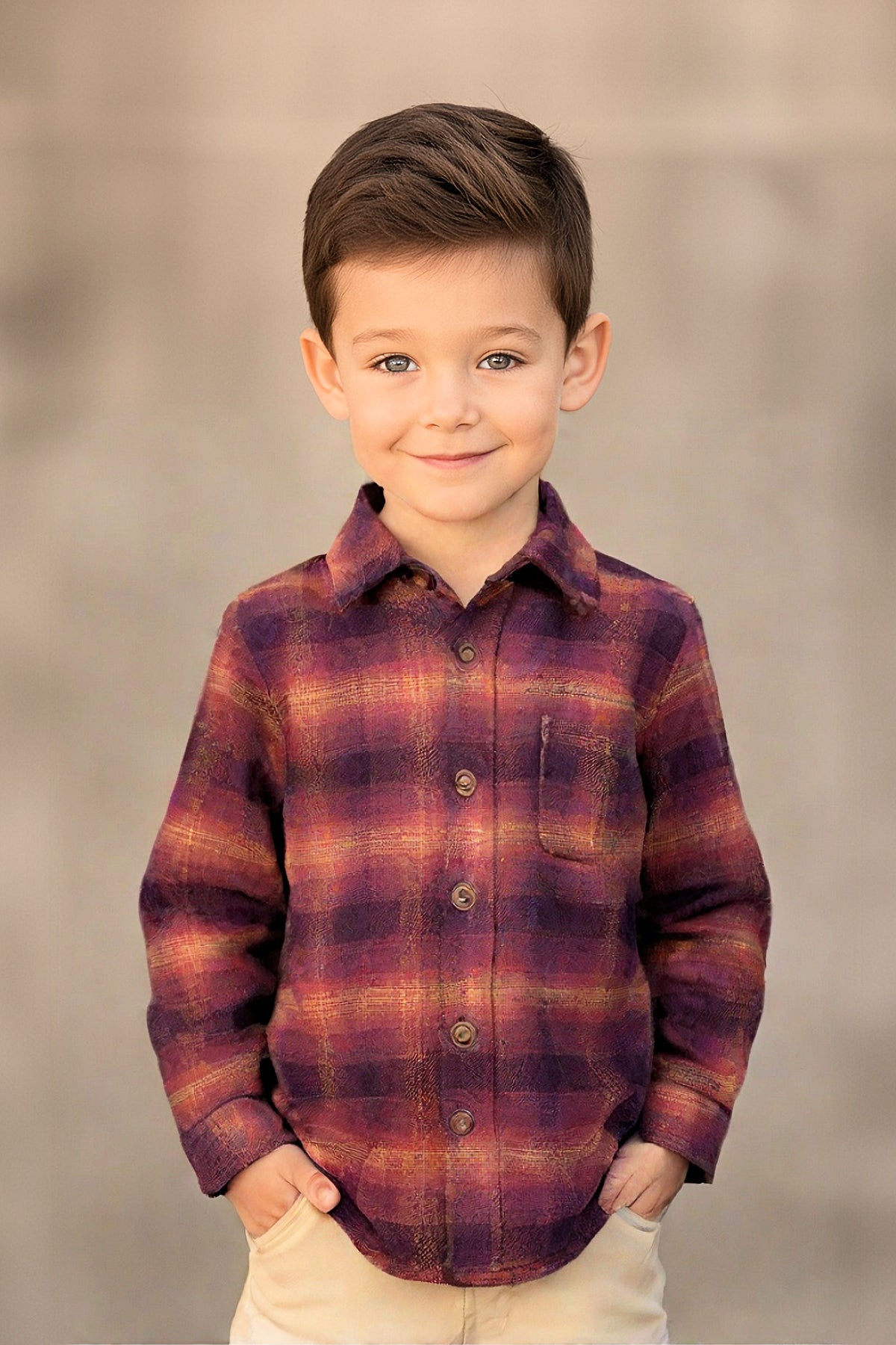 A smiling young boy stands confidently wearing a rich plum plaid flannel shirt with a button-down front and chest pocket.
