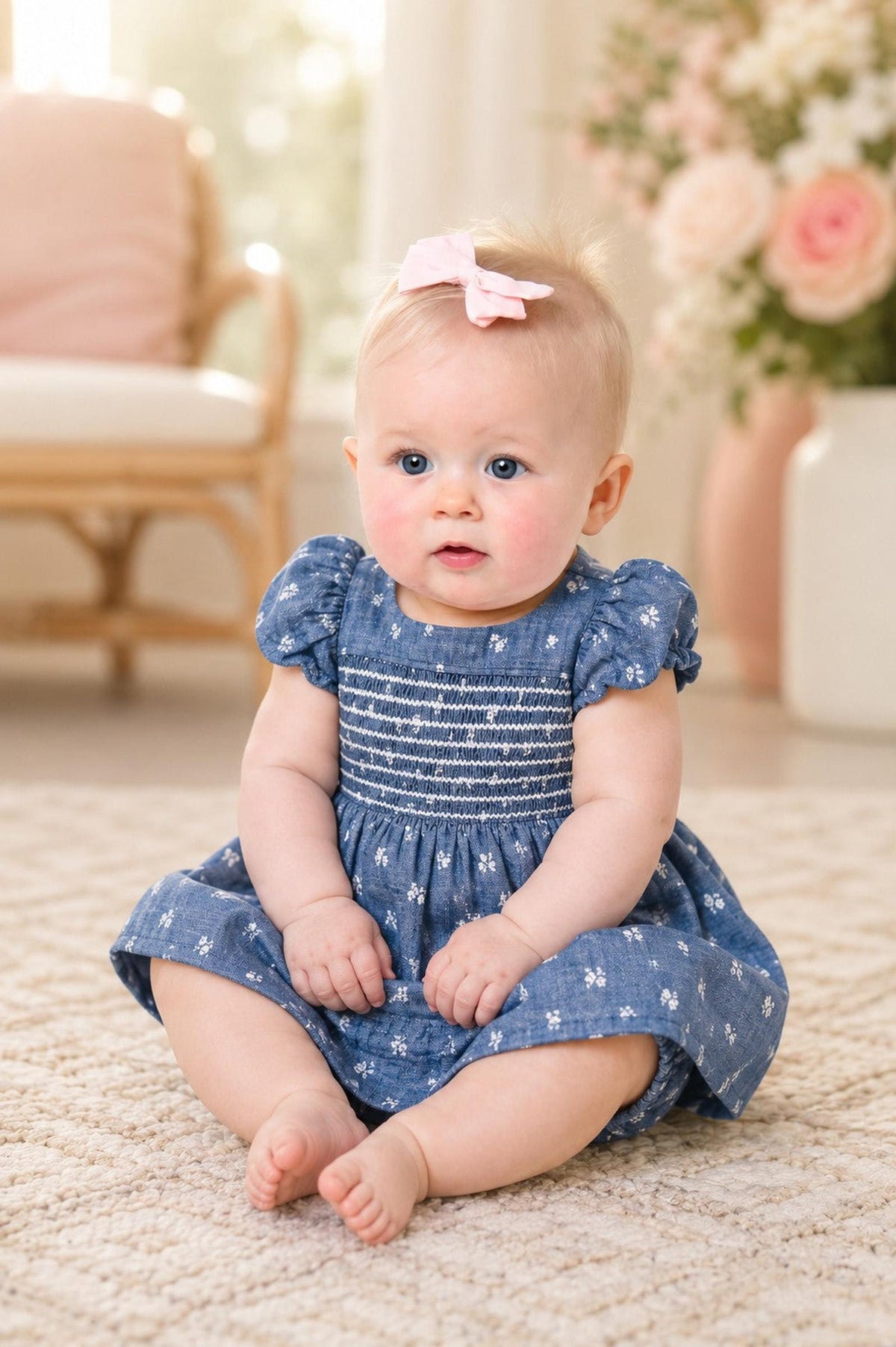 A baby sits on a soft rug, wearing a blue chambray dress with a smocked bodice and delicate white embroidery. The background features soft floral decor.