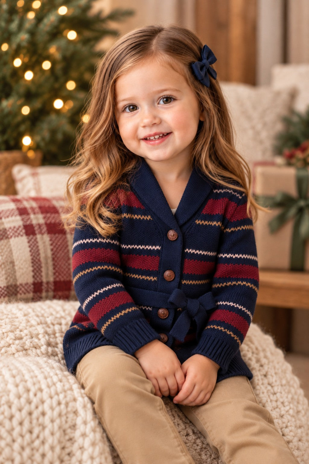 Organic Cotton Shawl Collar Baby Cardigan with Waist Tie, Navy & Berry