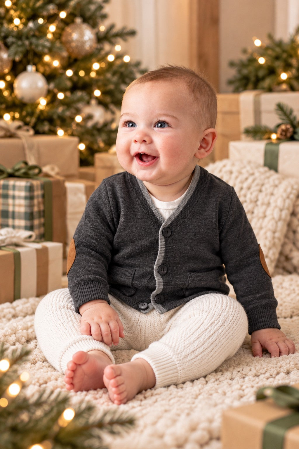 Organic Cotton Tipped Baby Cardigan with Elbow Patches, Charcoal