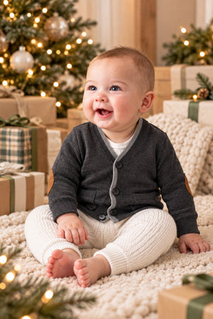 Organic Cotton Tipped Baby Cardigan with Elbow Patches, Charcoal