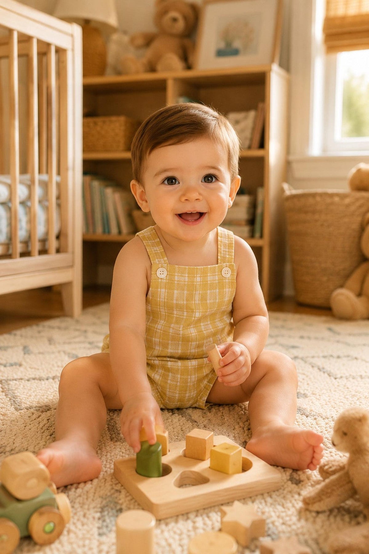 A cheerful baby sits on a patterned rug, wearing a yellow plaid linen romper. The child is engaged with a wooden shape sorter.